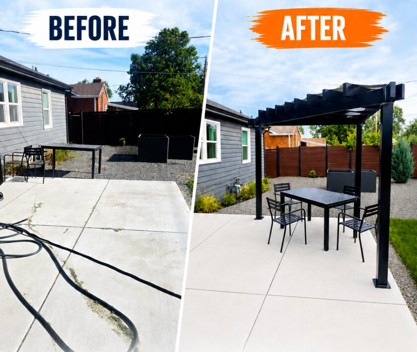 Before and after of a Northern Colorado backyard transformed with a new black steel pergola, patio dining set, gravel beds, and fresh landscaping by All About Home Services