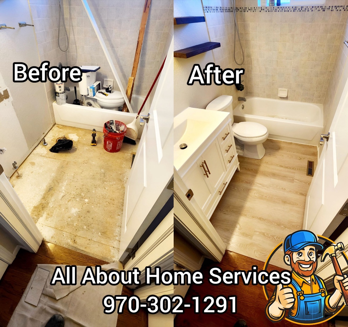 Before and after bathroom remodel showing gutted bathroom transformed into modern tile shower and vanity by All About Home Services in Northern Colorado