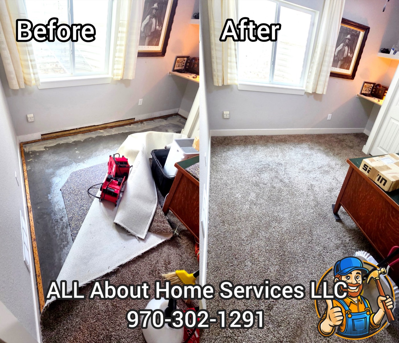 Before and after of a Northern Colorado room with fresh new carpet installed by All About Home Services