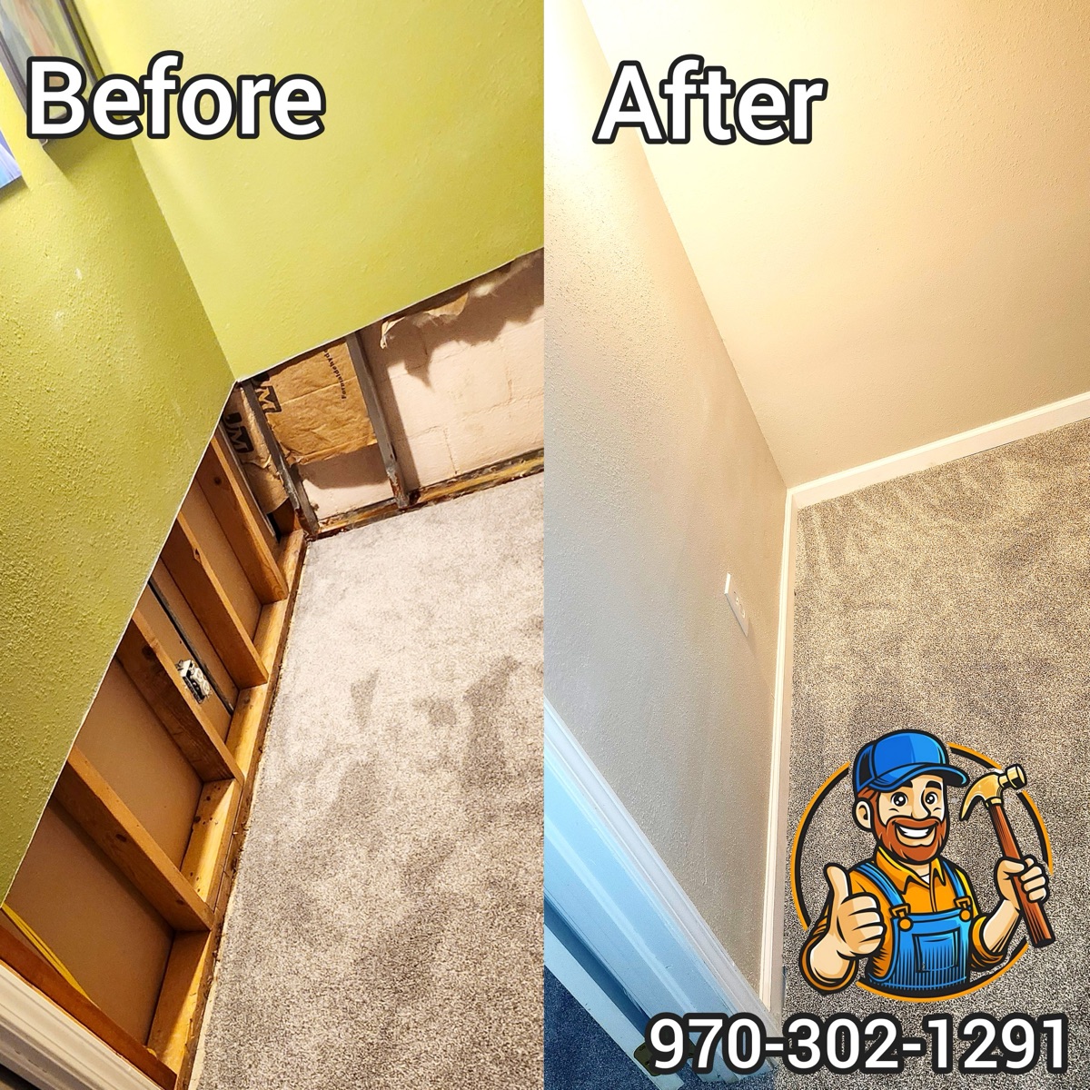 Before and after drywall water damage repair with cabinet installation by All About Home Services in Greeley, Colorado