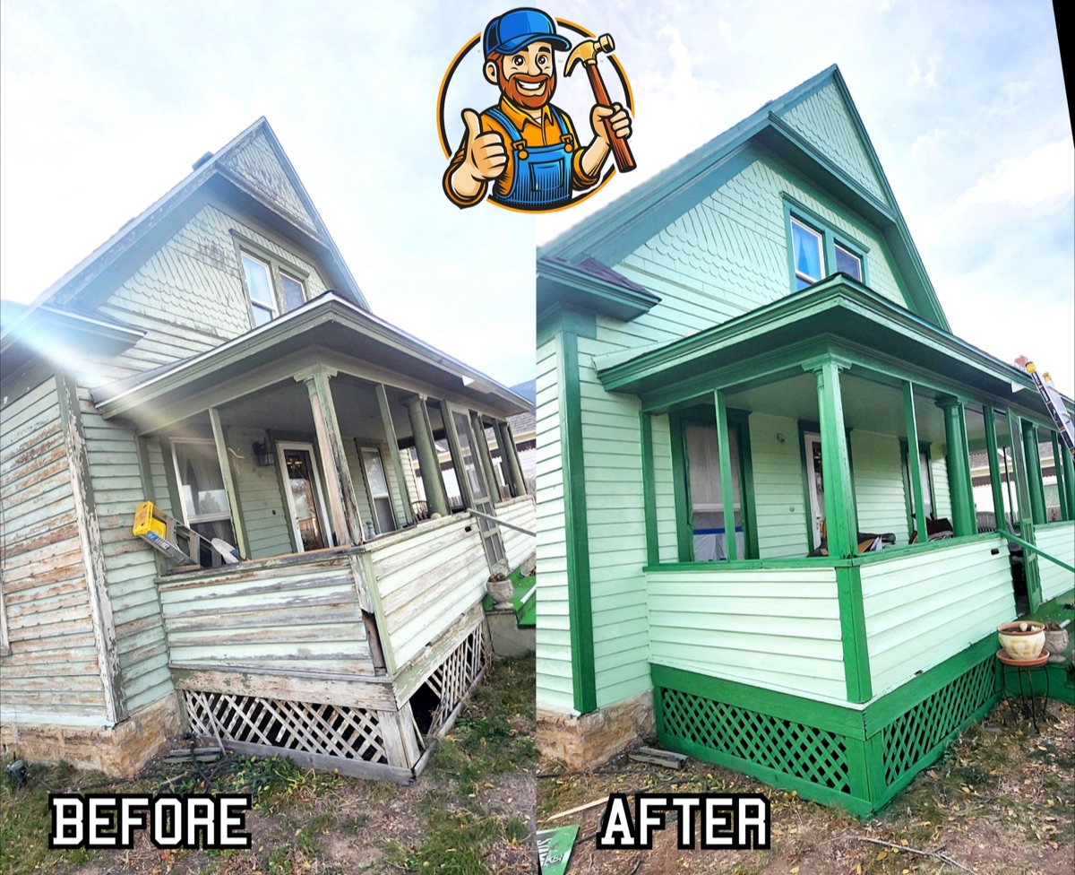 Before and after of a Northern Colorado house exterior painted fresh green by All About Home Services