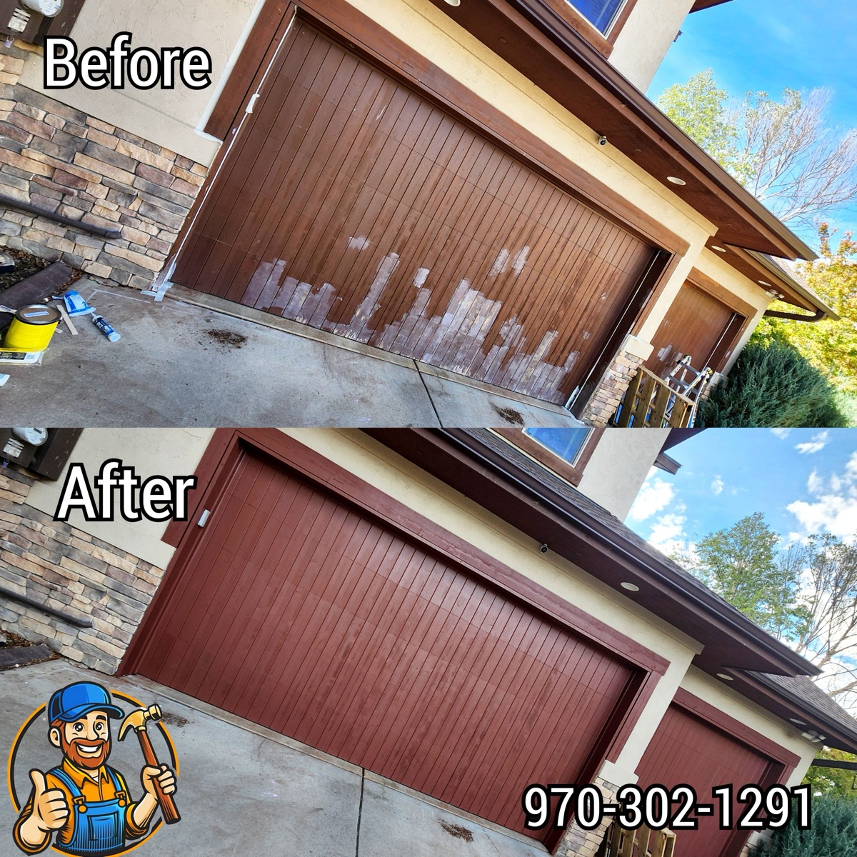 Before and after of weathered garage doors restored to fresh dark wood finish by All About Home Services