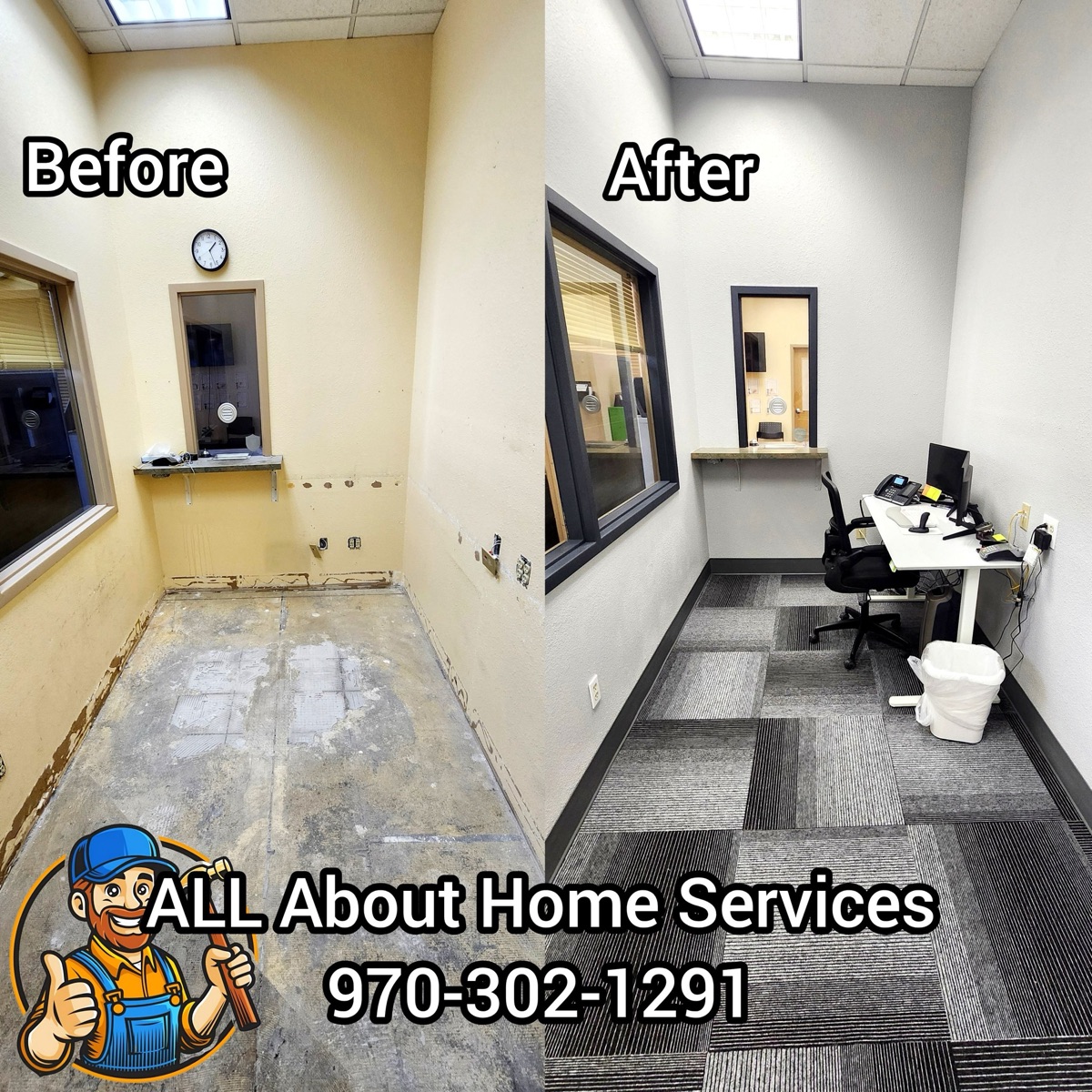 Interior office buildout with finished walls and trim by All About Home Services in Northern Colorado