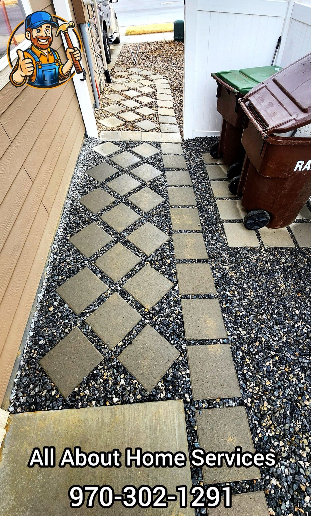 Decorative stone paver walkway with river rock installed by All About Home Services in Northern Colorado
