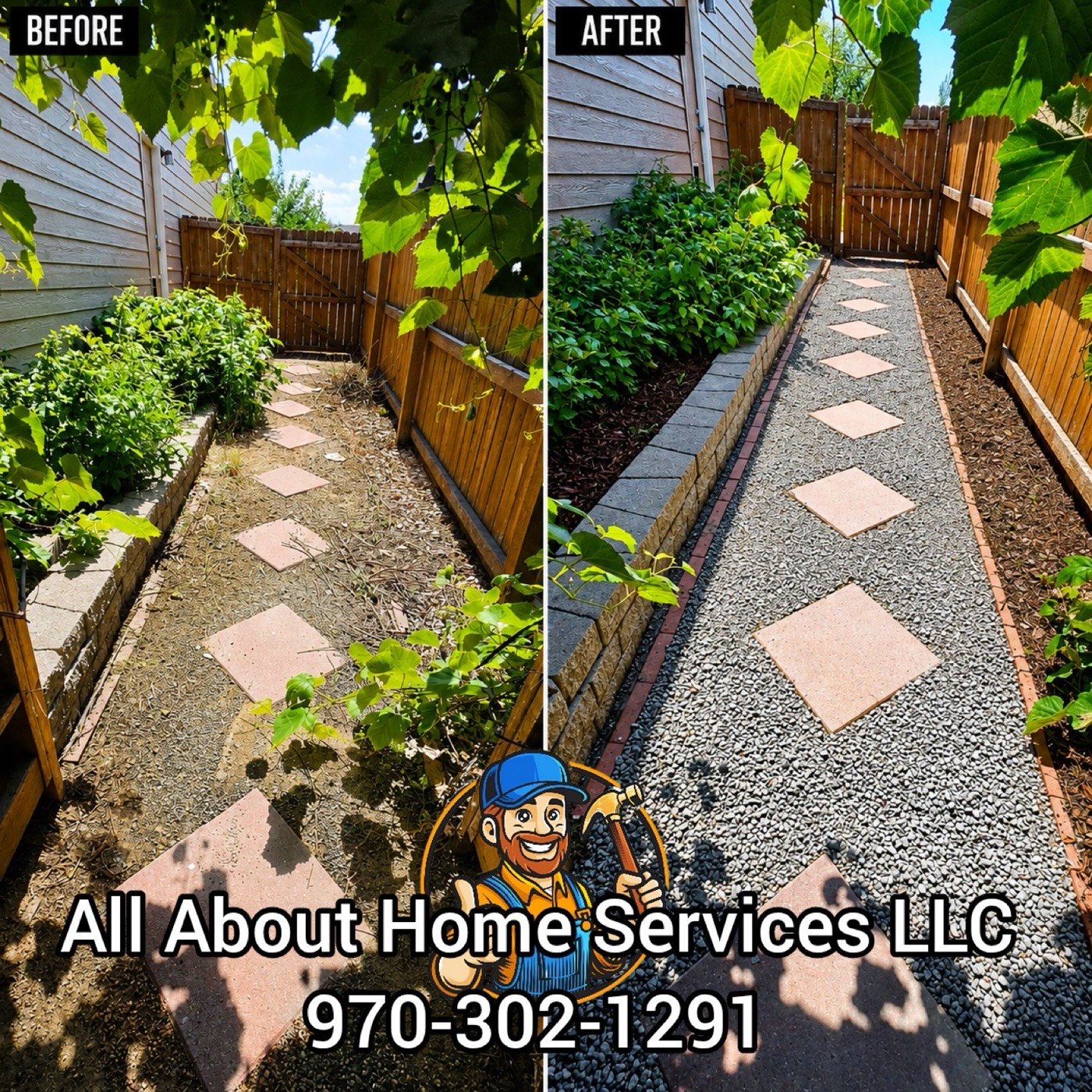 Before and after of a Northern Colorado front yard with new paver walkway, fresh mulch beds, and full landscaping by All About Home Services