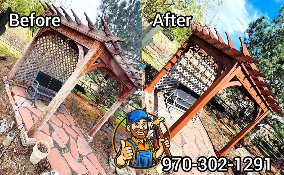 Before and after of a weathered backyard pergola refinished with rich wood stain by Bradley Johansen, All About Home Services